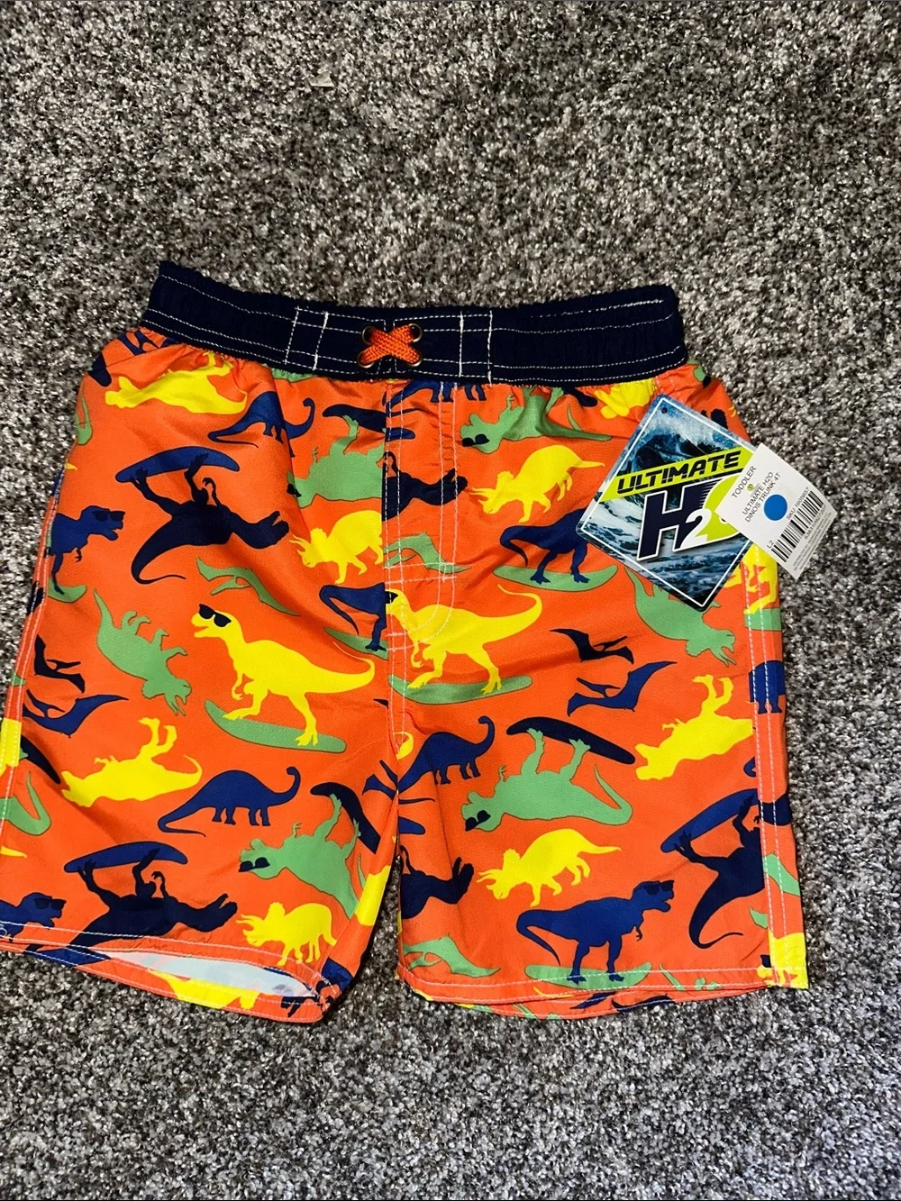 Bright Orange Dino Swim Trunks for Kids with Navy Waistband